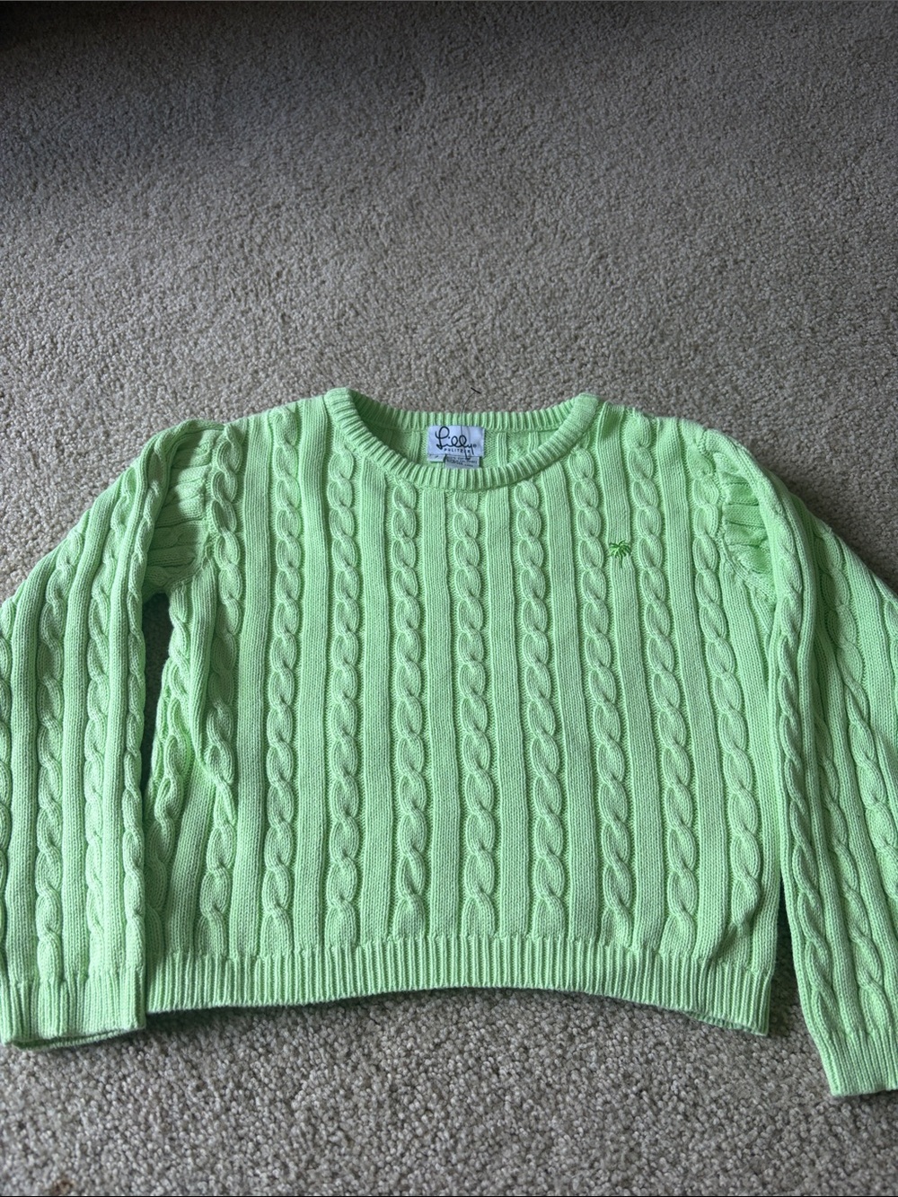 Lilly Pulitzer Light Green Cable Knit Crewneck Sweater - Kids